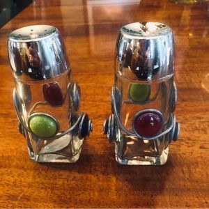 Vintage Salt And Pepper Shakers Retro Glass W/Different Colored Stones Handmade